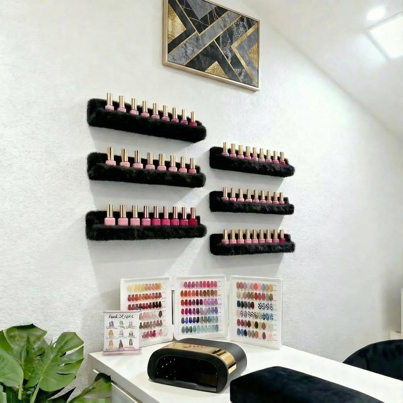 YMVV Wall-Mounted Nail Polish Organizer Rack - 15-Inch Plush Nail Polish Shelf, Makeup & Beauty Essentials Storage - Multi-Purpose Display Holder for Small Space, Vanity Bathroom, 6 Pack Black - Image 2